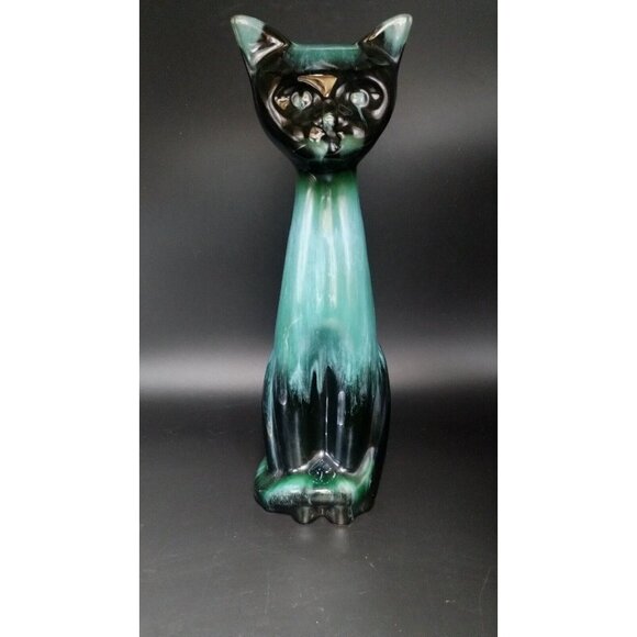 Blue Mountain Pottery Cat Figurine Blue Green Teal Drip Glaze Canada 14” Redware - Picture 1 of 8